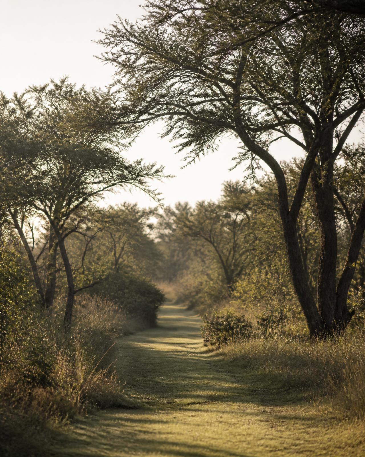 A grass path between indigenous trees